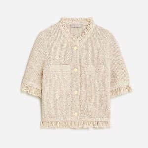J. Crew Cropped fringe-trim lady sweater jacket in beige marled